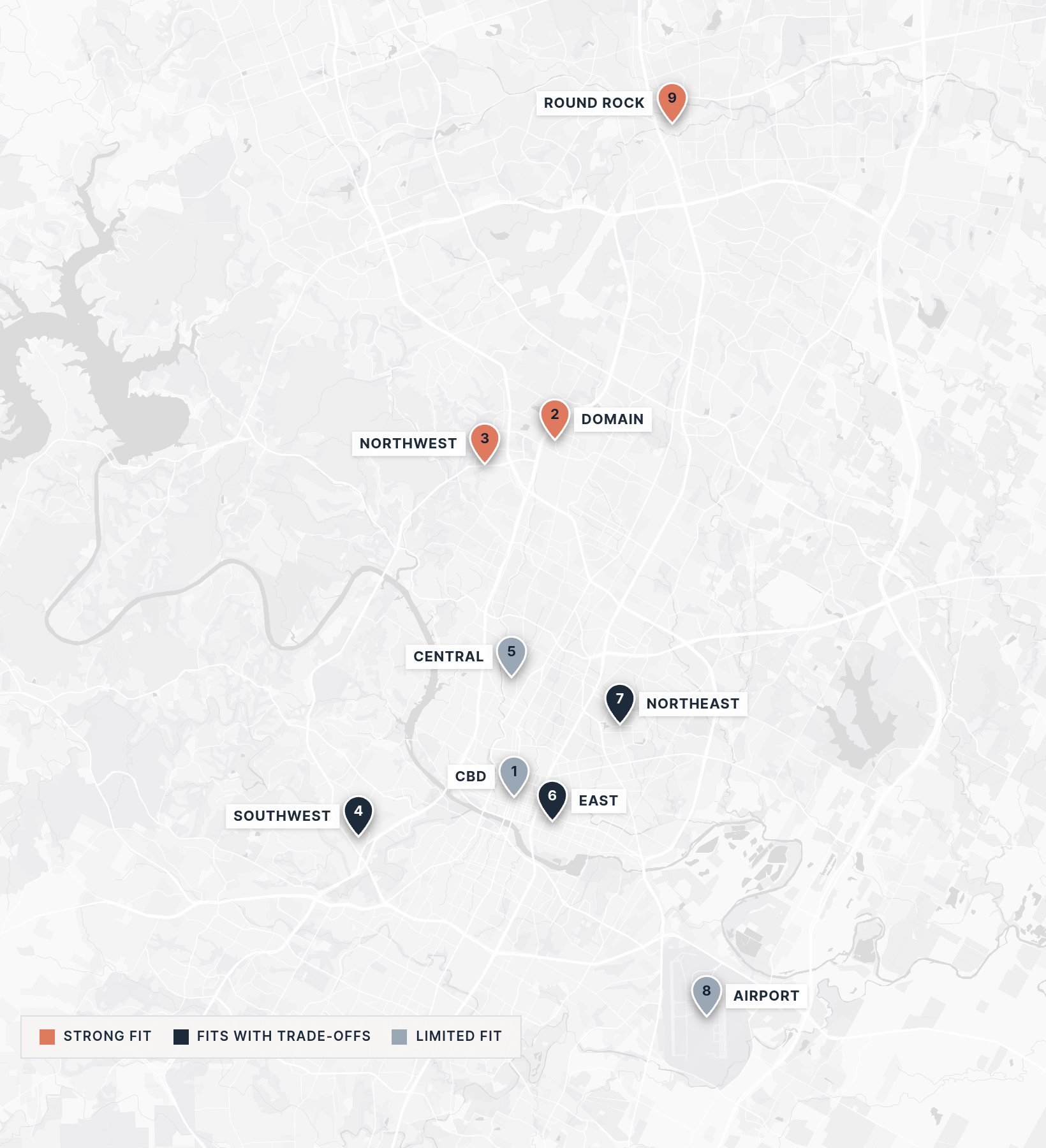 Map of Austin with nine office submarkets numbered