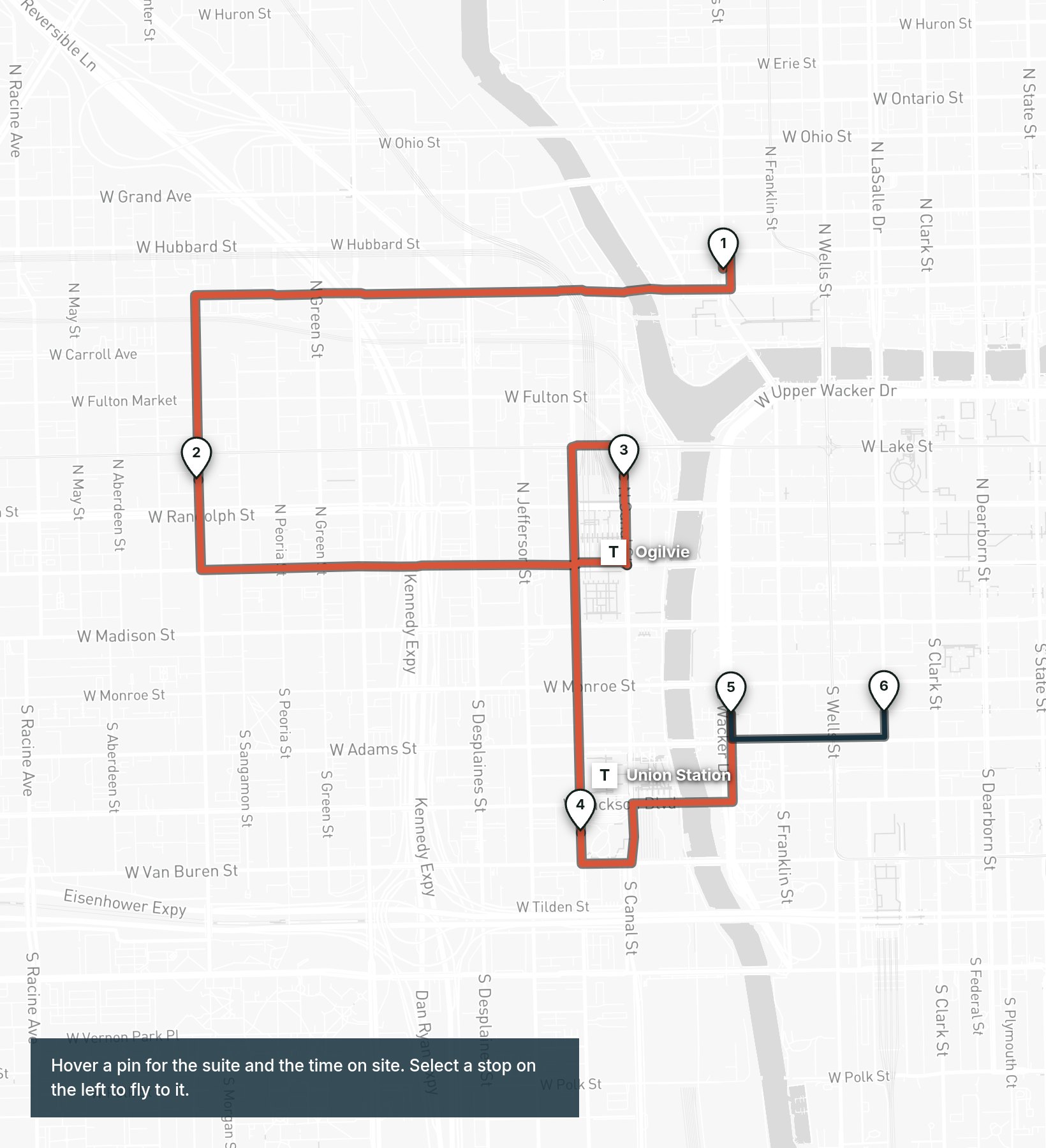 Map of the tour route through River North, Fulton Market, the West Loop and the Loop