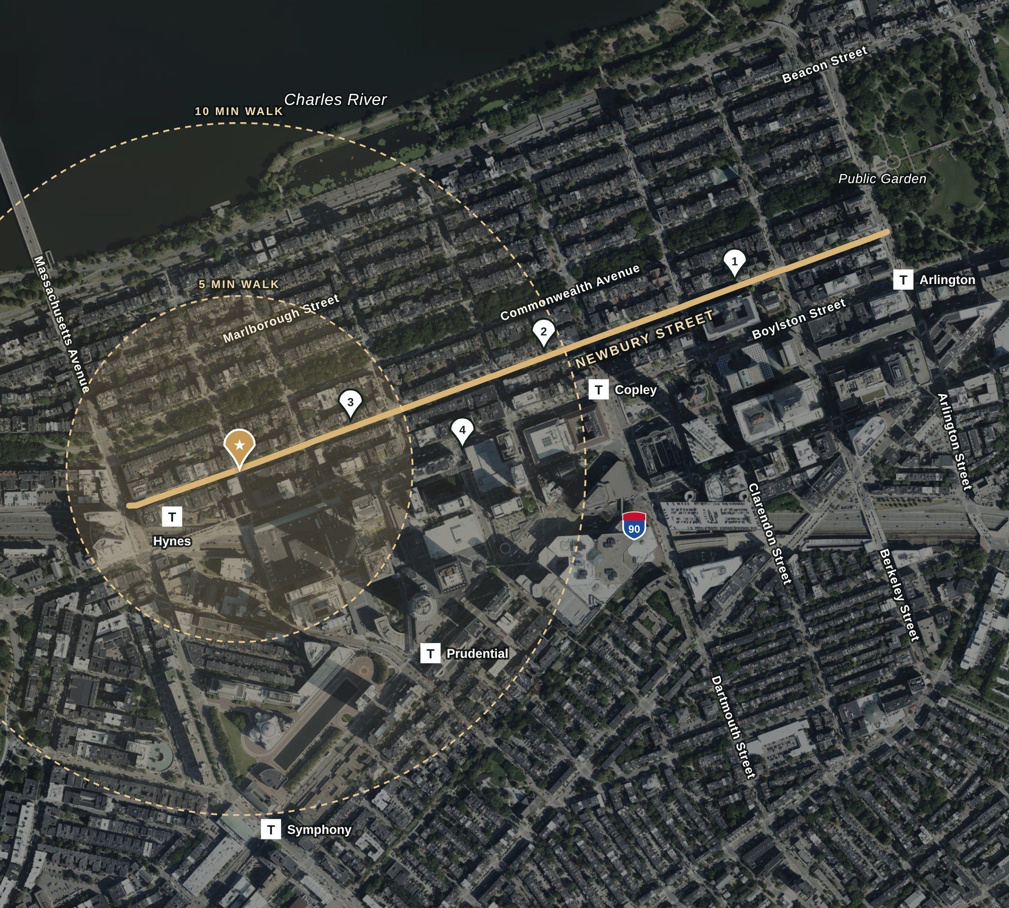 Map of Back Bay with the Property on Newbury Street, walking rings, transit stations and comparable sales
