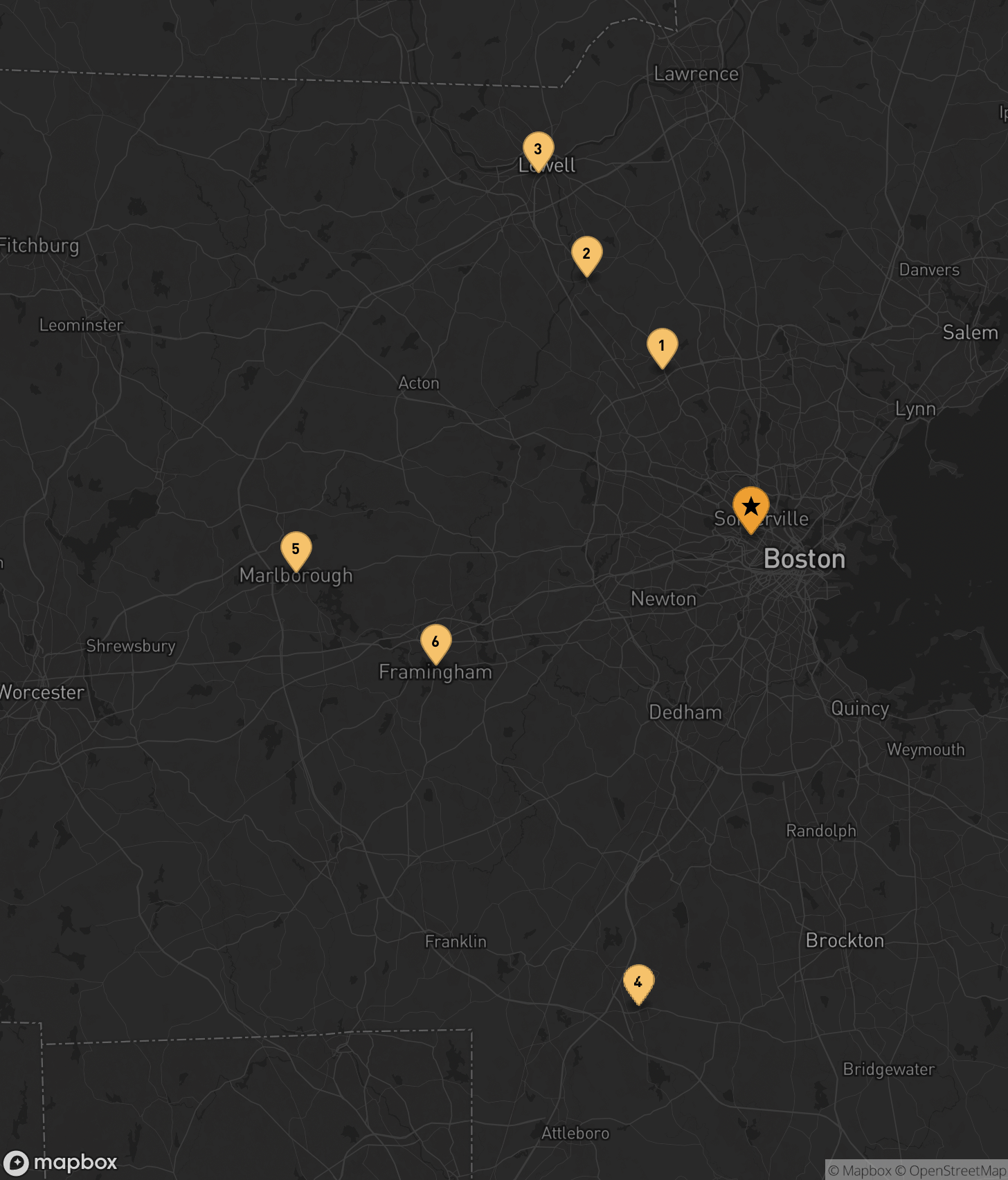 Map of Greater Boston flex and industrial submarkets with typical drive times from Cambridge
