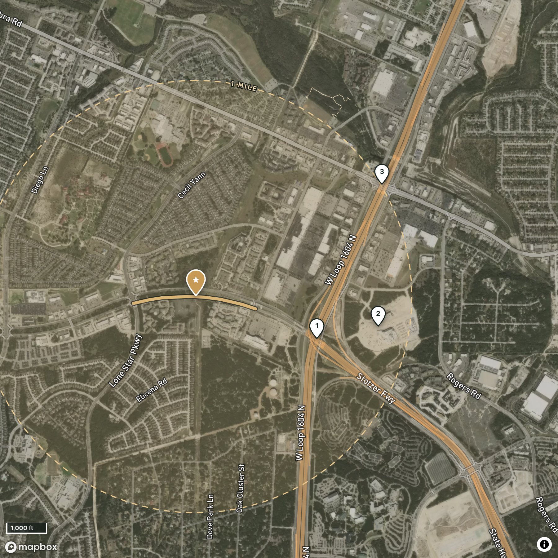 Satellite map of Alamo Ranch Parkway on San Antonio's Far West Side with the block marked and one and three mile rings